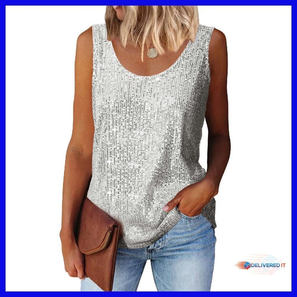 Sequin Scoop Neck Tank Top Sleeveless Sparkle Blouse Party Wear